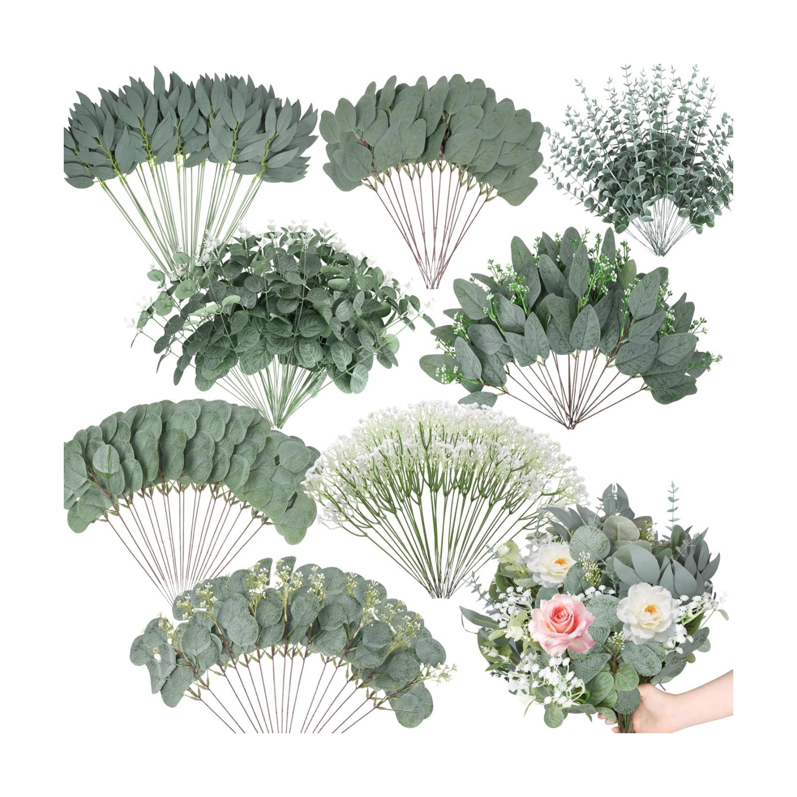 8 Kinds Mixed Artificial Eucalyptus Stems Bulk Fake Dollar Eucalyptus White / Silver / Set of 200