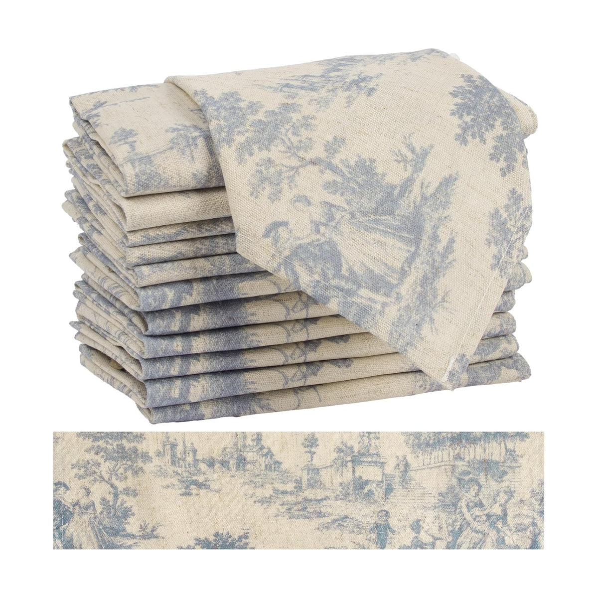 Blue Vintage Cloth Napkins Set of 12 - French Country Toile de Jouy Reusable Napkins 15x15 Inch - Shabby Chic Linen Cotton Dinner Napkins Towels for Everyday Use,Machine Washable Dish Cloth Gift