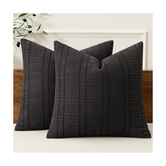 Decorative Linen Check Throw Pillow Covers Neutral Farmhouse Vintage / 18 x 18 / Black / Set of 2