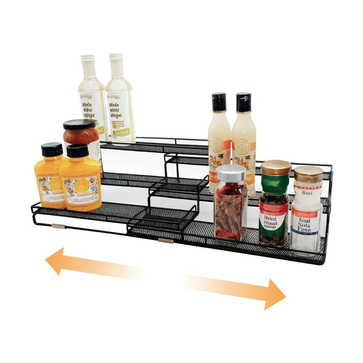 3 Tier Wide Expandable Cabinet Spice Rack Organizer (14.5" to 29.1") - Step Shelf with Protection Railing, Black,Copper