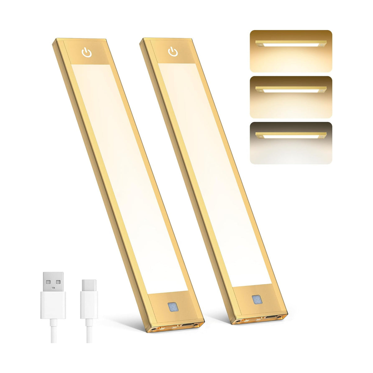V4light Motion Sensor Cabinet Light, Rechargeable, Dimmable, 2Pcs, 9in | Gold aluminum, magnetic wireless, 1800mAh, 3