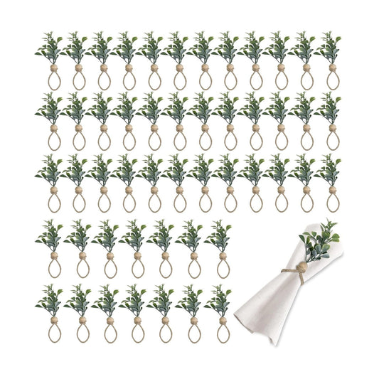 MAOANME Boho Eucalyptus Leaf Napkin Rings with Wood Bead, Set of 50 | Farmhouse Easter Napkin Rings, Green Leaf Napkin