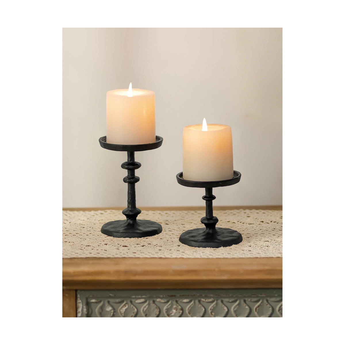 NUPTIO Pillar Candle Holder Black: Solid Cast Iron Candle Stand | Hammered Candleholder for 3 Inch Pillars Heavy