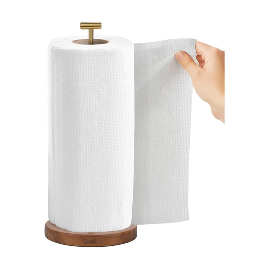 Acacia Wood Paper Towel Holder Countertop, Wooden Tissue Stand with Gold Plated Stainless Steel T-Handle, Weighted
