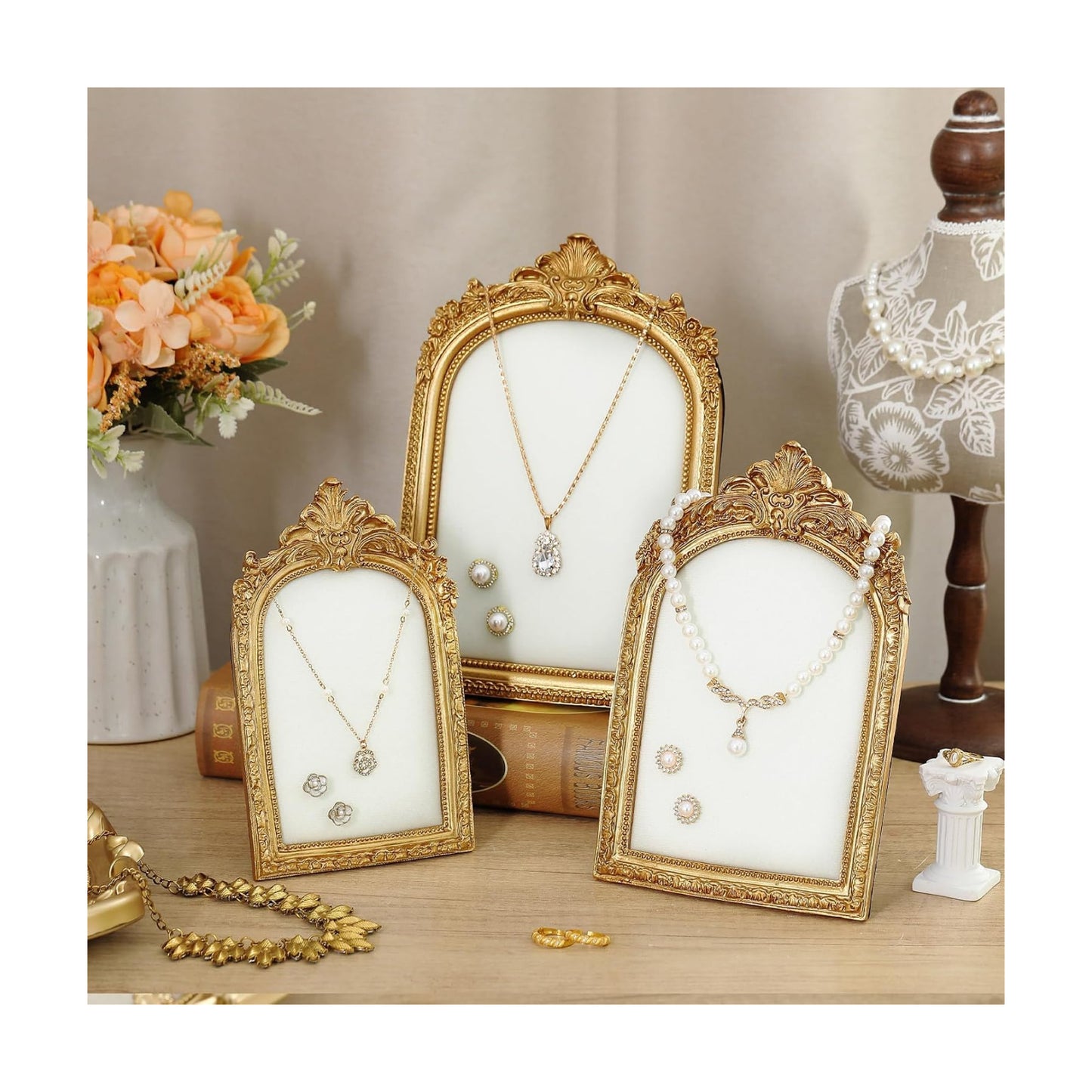 Jewelry Display Stands Vintage Jewelry Holder Baroque Necklace Organizer Earring / Gold / Set of 3