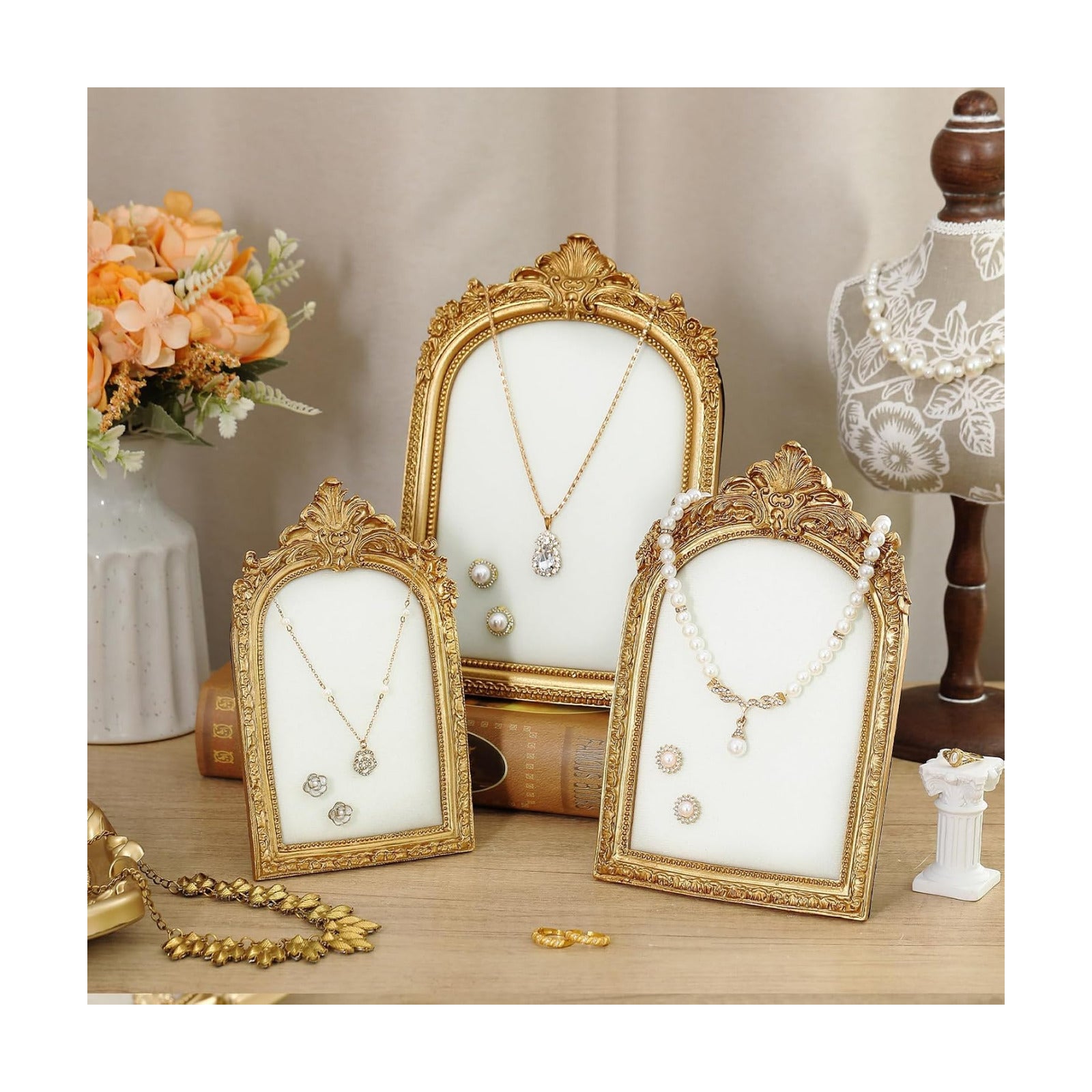 Jewelry Display Stands Vintage Jewelry Holder Baroque Necklace Organizer Earring / Gold / Set of 3