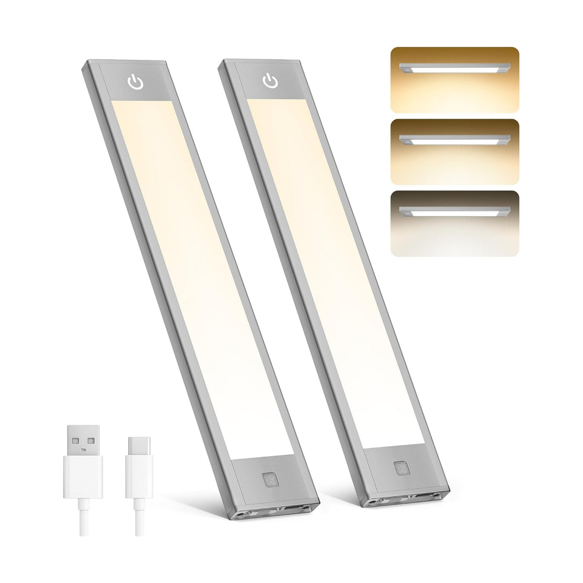 V4light Motion Sensor Cabinet Light, Rechargeable, Dimmable, 2Pcs, 9in | Silver aluminum, magnetic wireless, 1800mAh, 3