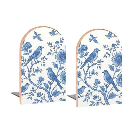 Blue and White Flowers Birds Book Ends Decorative Wood Bookends / Blue White Flowers Birds / 5 x 3.1