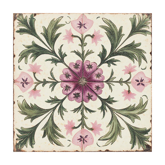 Vintage Peony Vine Pattern Peel and Stick Floor Tiles / 12 x 12 / Set of 10