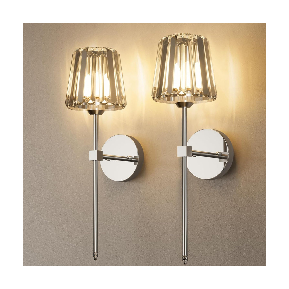 Crystal Battery Operated Wall Sconces Set of 2, Chrome Rechargeable Wireless Wall Lights with Crystal Lampshade, 12 RGB