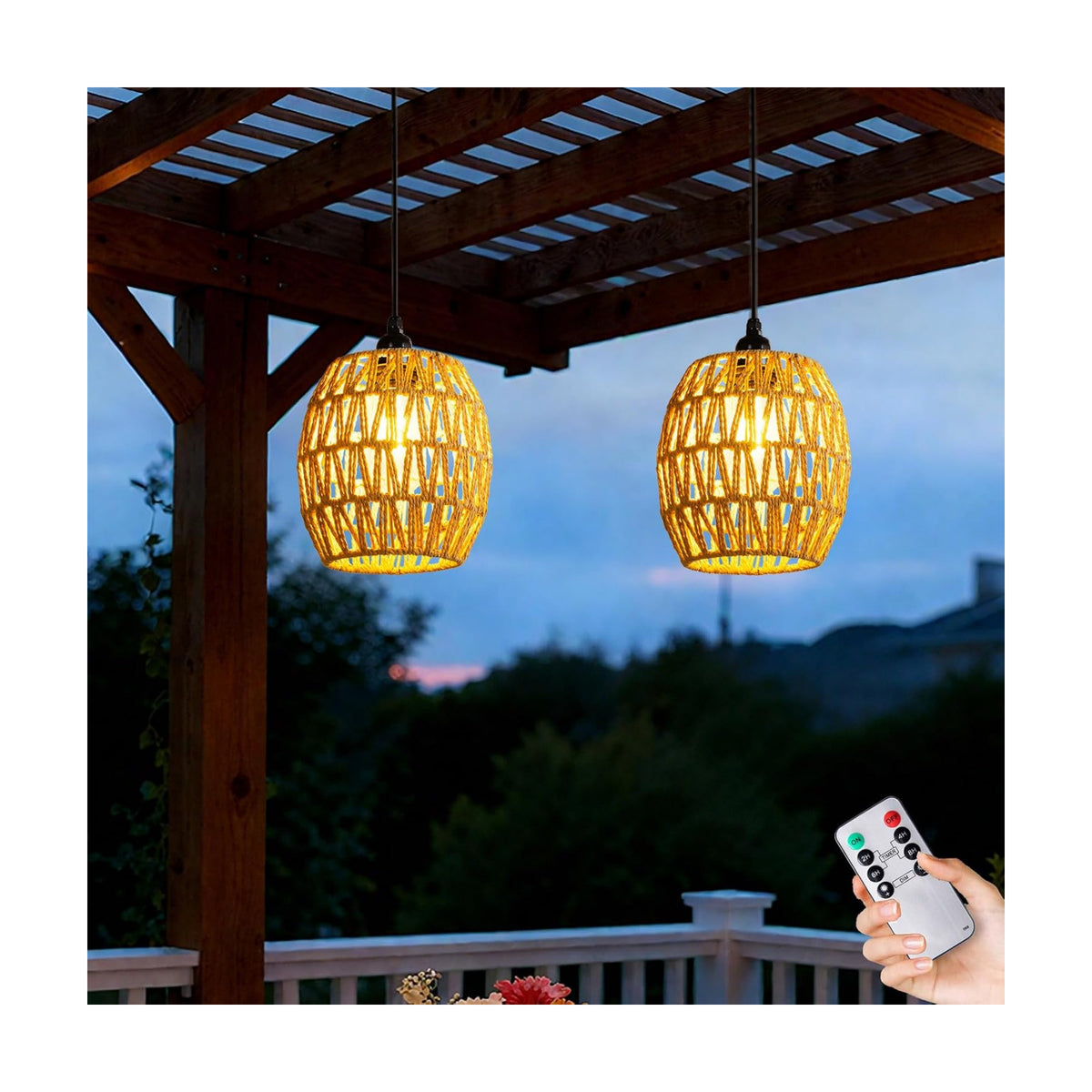 Battery Operated Chandelier, 2 Pack Natural Rattan Pendant Lights - Waterproof Outdoor Boho Hanging Lamps with
