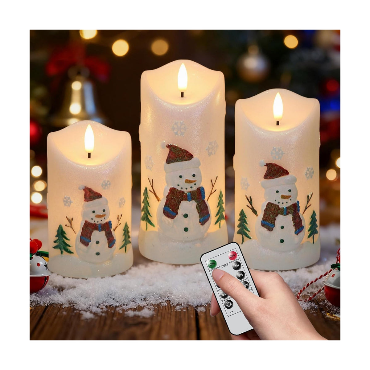 Snowman Carved Flameless Candle Battery Operated with Remote Timer | LED Flickering Pillar Long Lasting, Real Wax Hand