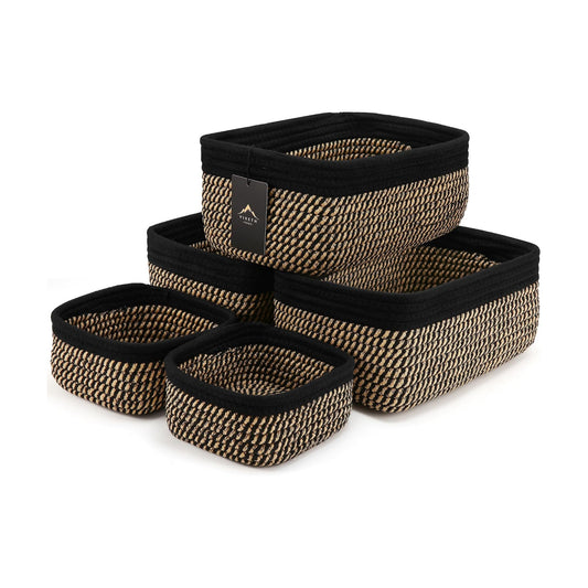 Small Woven Rope Storage Baskets / Black & Gold / 11.81*7.48*4.72'' & 5.91*5.91*2.56 / Set of 5
