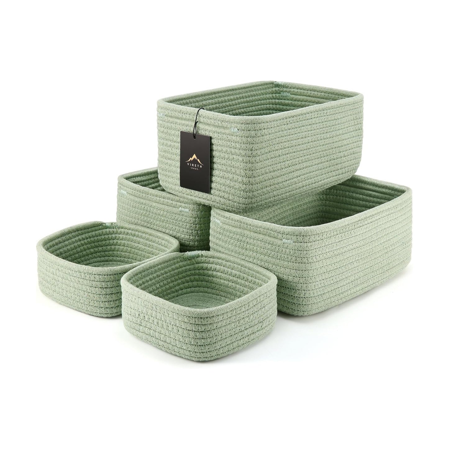 Small Woven Rope Storage Baskets / Green / 11.81*7.48*4.72'' & 5.91*5.91*2.56 / Set of 5