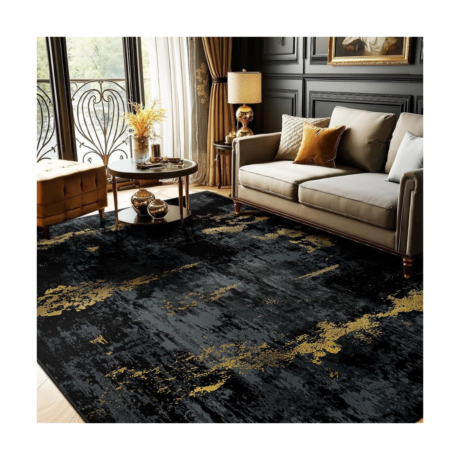 RELEANY Washable 8'x10' Abstract Area Rug for Living Room Black Gold