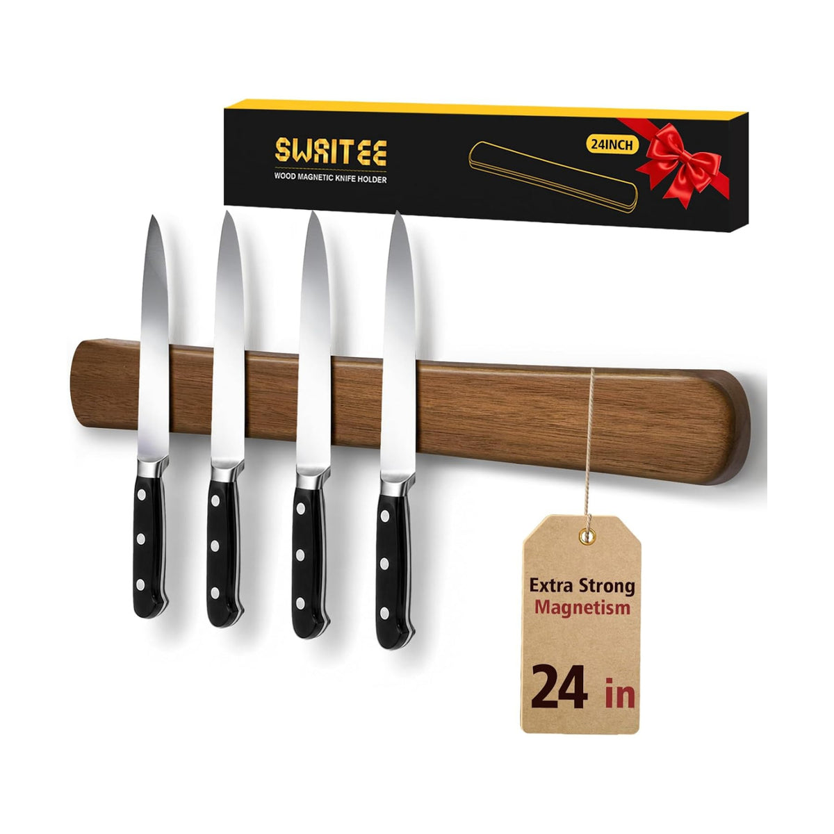 Magnetic Knife Holder, 24 Inch Acacia Wood Knife Strip for Wall or Fridge | Fridge Magnetic or Screw-Mounted, Strong