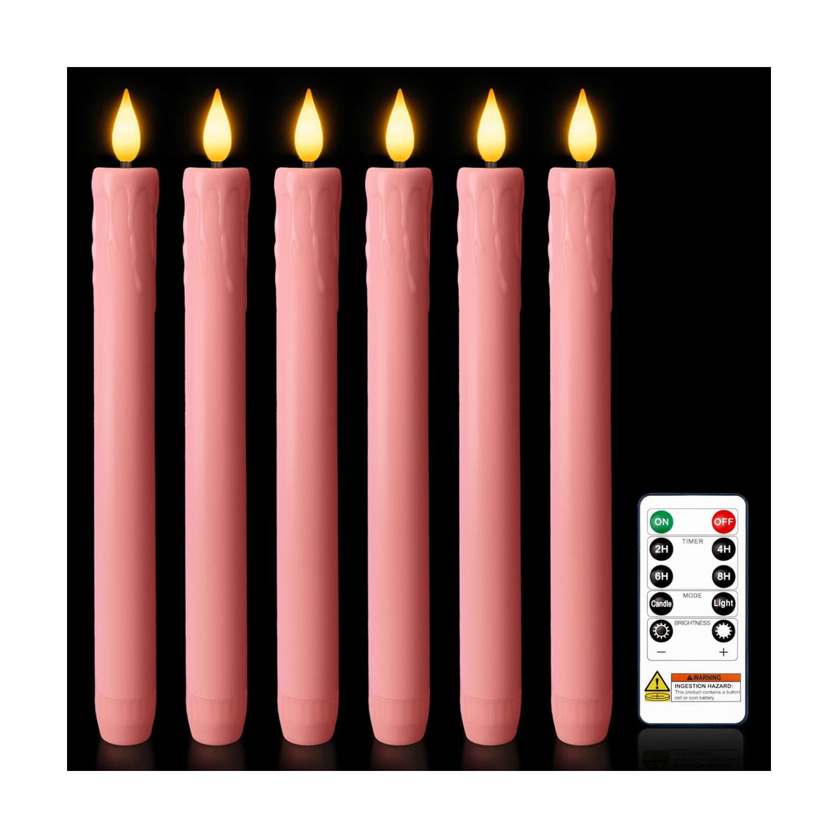 Homemory 6 Pcs Real Wax Pink Flameless Taper Candles with Remote Timer, 9.6 Inches LED Fake Candlesticks, LED Candle