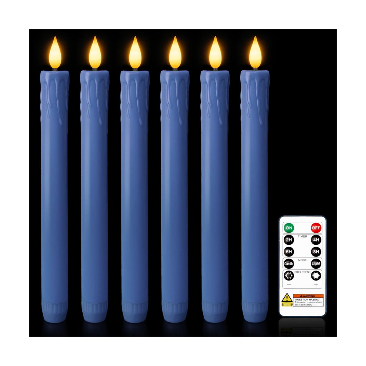 Homemory 6 Pcs Real Wax Blue Flameless Taper Candles with Remote Timer, 9.6 Inches LED Fake Candlesticks, LED Candle