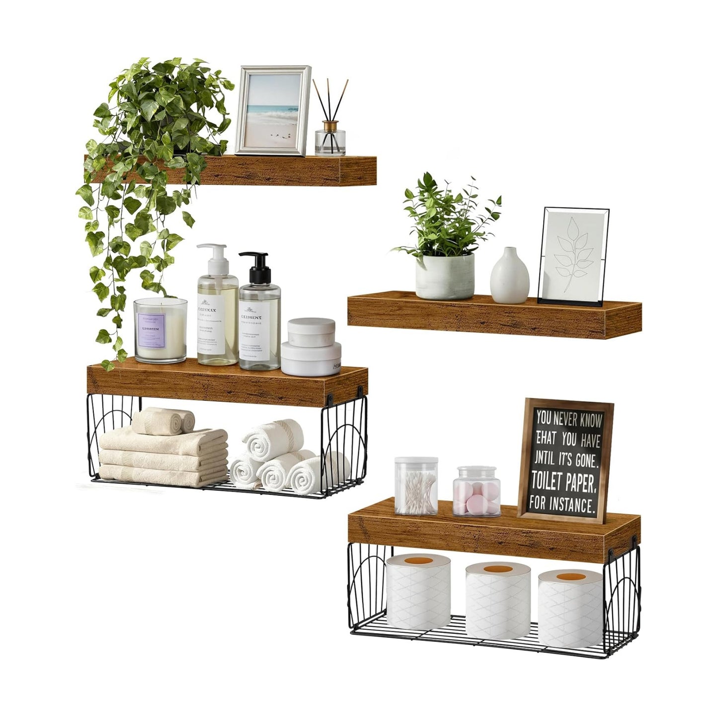 Wall Mounted Rustic Wood Floating Shelves / Brown / 16 Inches / Set of 4