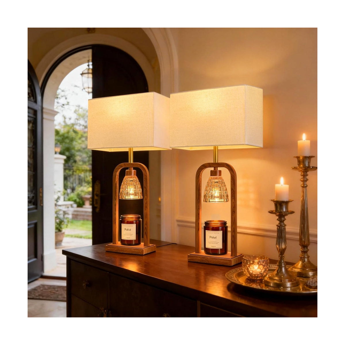 PoKat Electric Candle Warmer Lamps Gold, Lamp Candle Warmers with Timer Dimmer, Wax Light Warming Table Lamps Set of 2