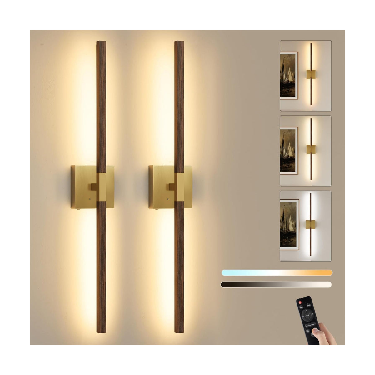 Rayogale Gold & Walnut Battery Operated Wall Sconce with Remote Control | 3000K-6000K Dimmable 8000mAh Rechargeable