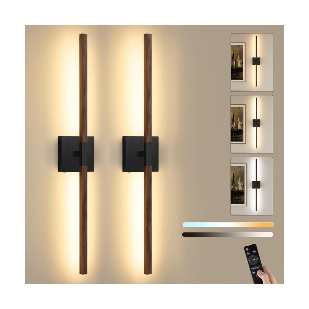 Rayogale Black Walnut Rechargeable Wall Sconce with Remote Control 32 Inch | 3000/4500/6000K Dimmable 8000mAh Wireless