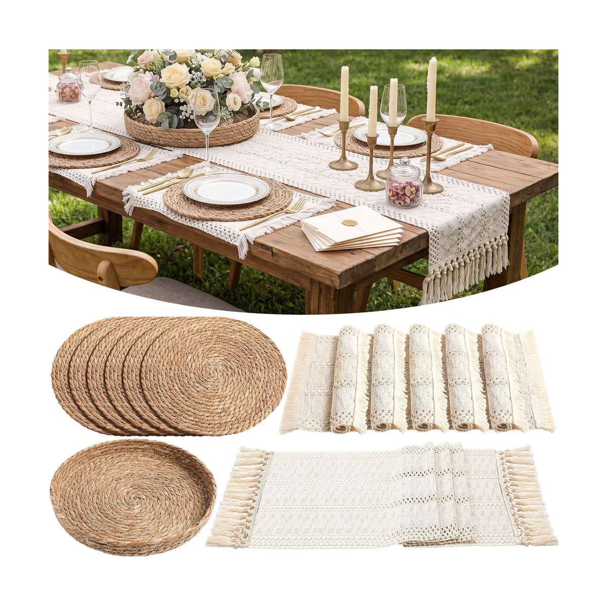 Boho Placemats 4/6/8 Set of Round Woven Placemat Macrame Style Bicolor Stitching Long Table Runner Farmhouse Rustic