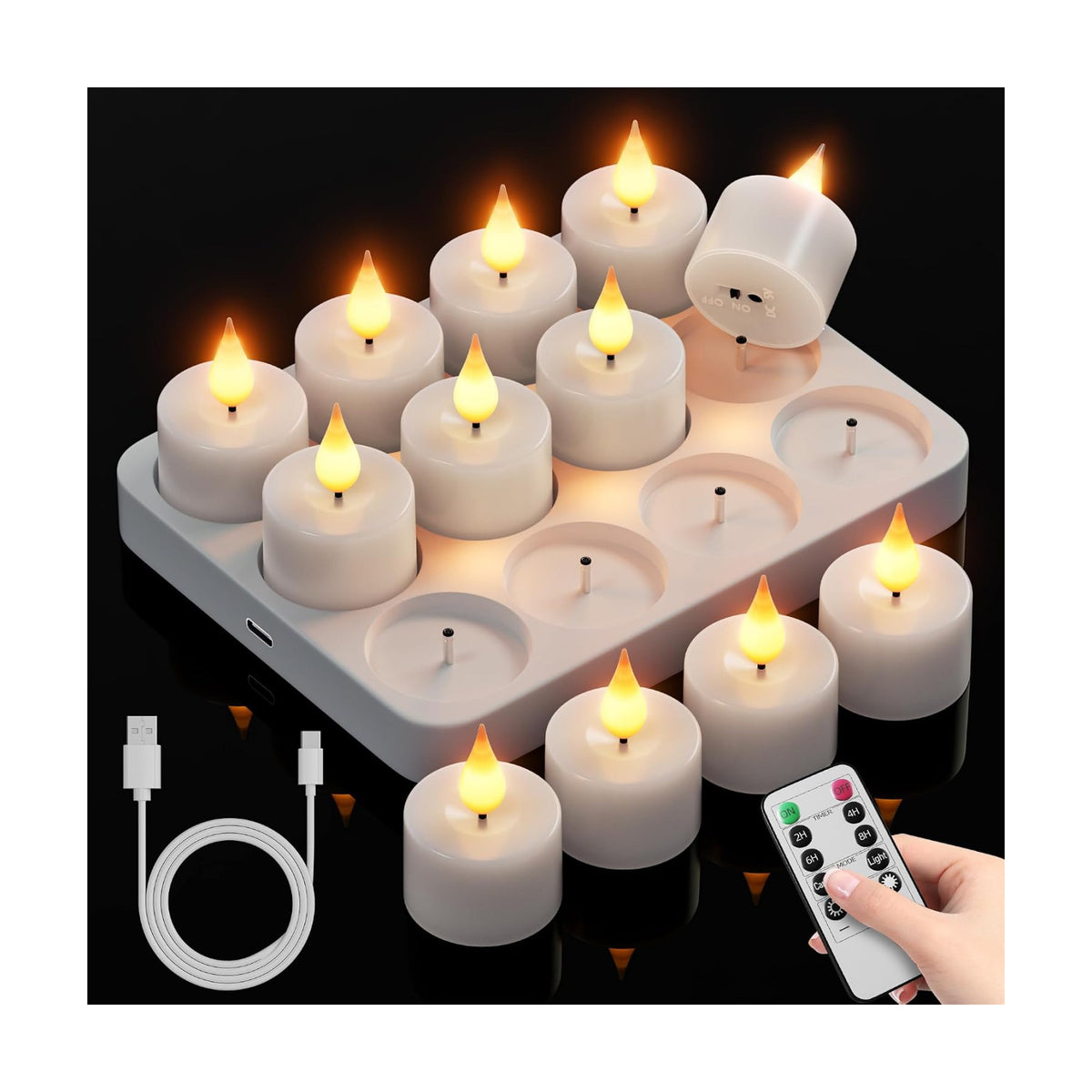 Rechargeable Flameless Tea Lights Candles with Remote Charging Base 12Pcs | Battery Operated Tea light with Timer, LED