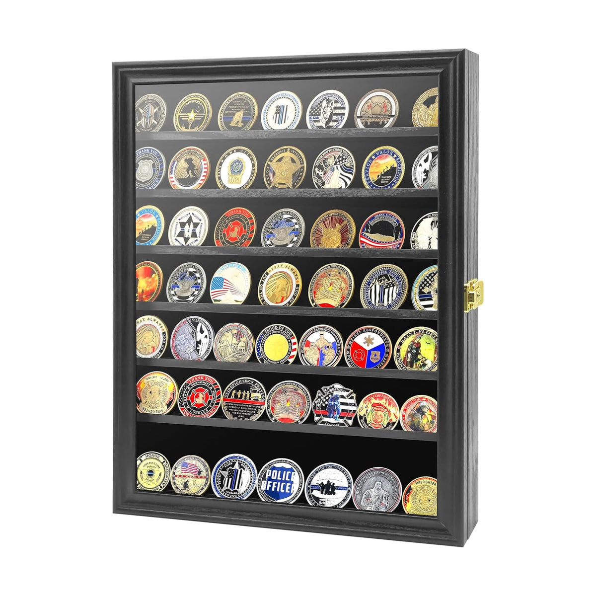 Challenge Coin Display Case, 7 Rows Lockable Military Coin Display Cabinet with UV Acrylic Door, Removable Shelves &