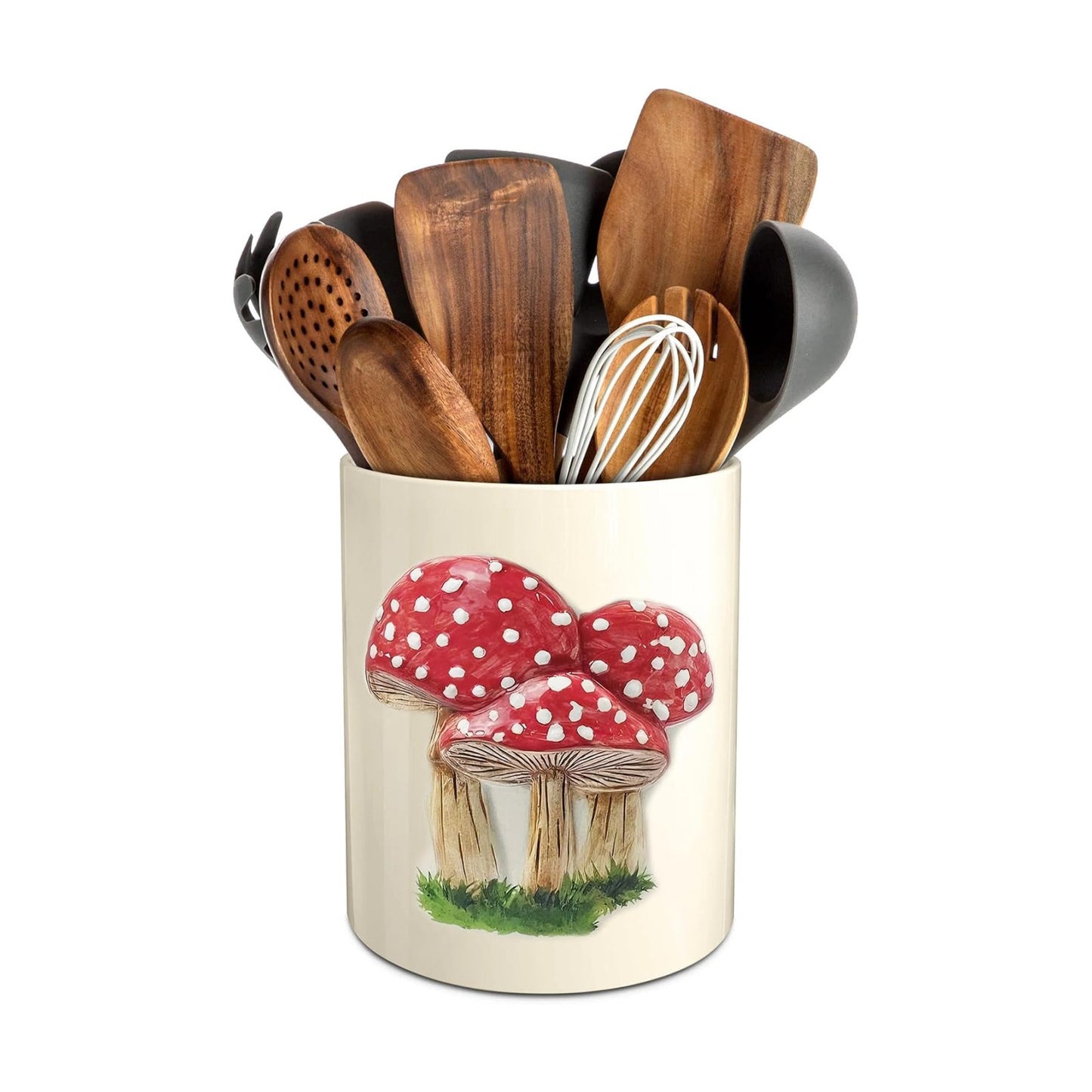 Mushroom Kitchen Decor Embossed Ceramic Utensil Holder for Farmhouse Indoor