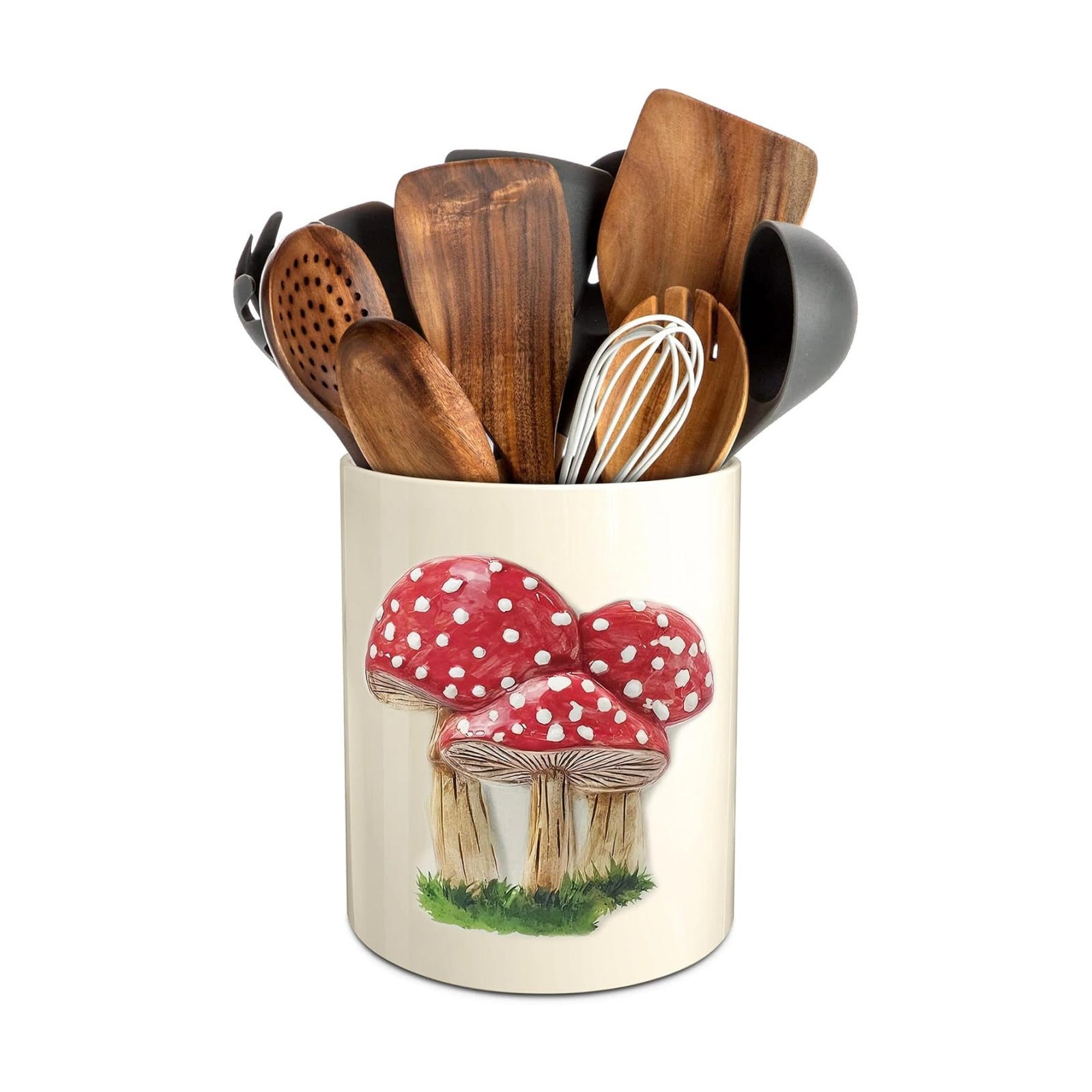 Mushroom Kitchen Decor Embossed Ceramic Utensil Holder for Farmhouse Indoor