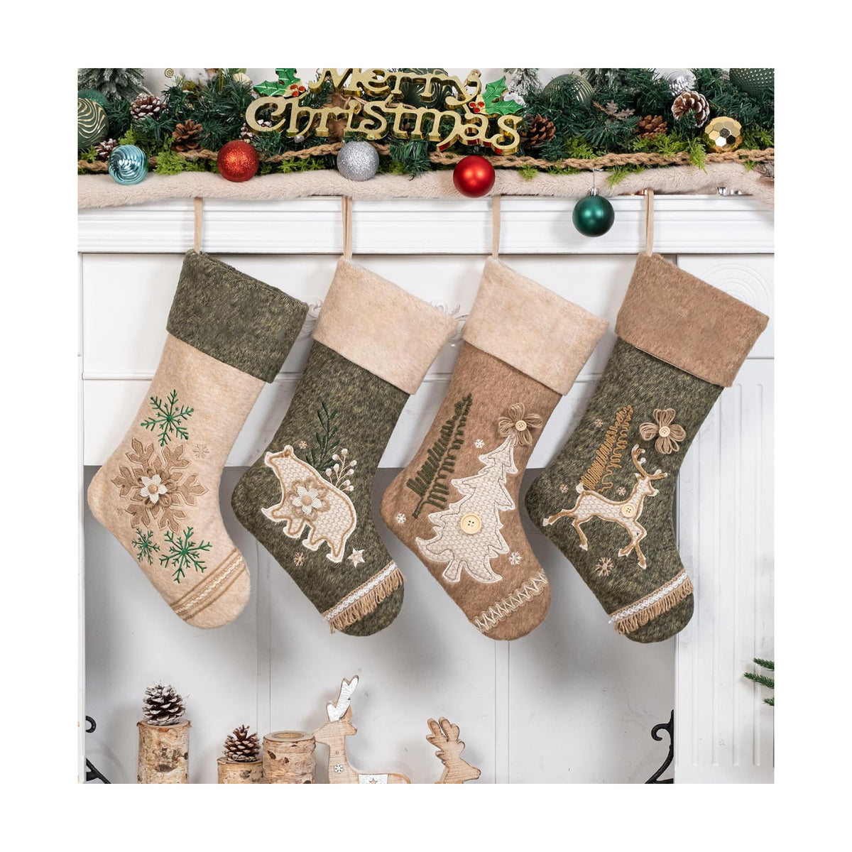 LUBOT 4 Pack Christmas Stockings Set of 4 Large Family Xmas Stocking Woolen Embroidered 20" Modern Rustic Farmhouse Country Rope Fireplace Hanging Holiday Decor