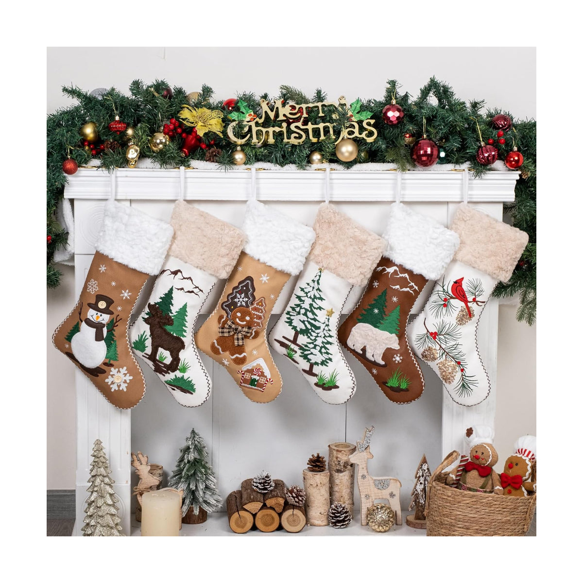 LUBOT 6 Pack Christmas Stockings Set of 6 Large Family Xmas Stocking Leather Embroidered 20" Modern Rustic Farmhouse Country Fireplace Hanging Holiday Decor