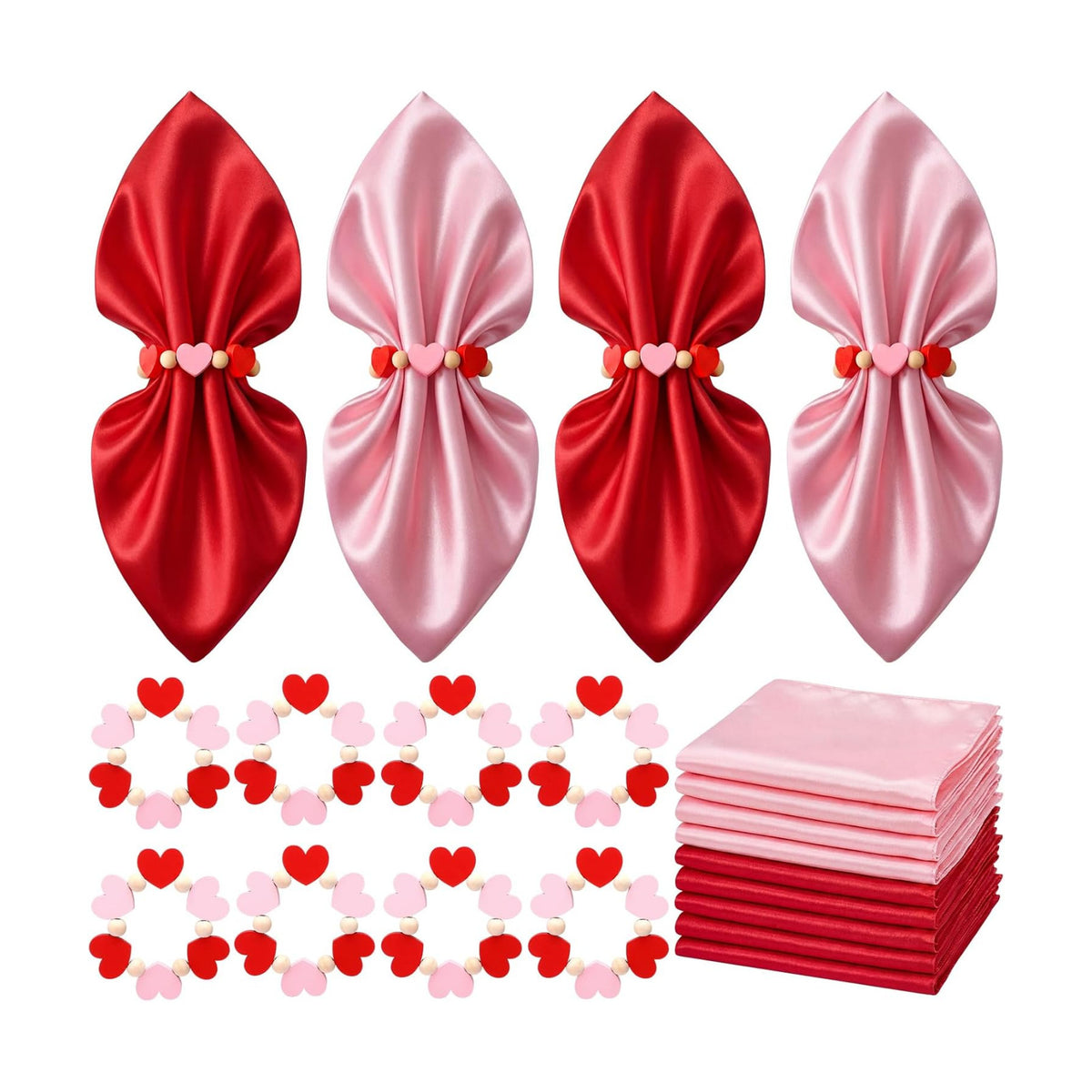 Qinyoung 8 Sets Valentine's Day Cloth Napkins and Heart Rings, Wooden Red Pink Napkins Rings Holders for Valentine's Day Wedding Anniversary Dinner Party Table Decoration