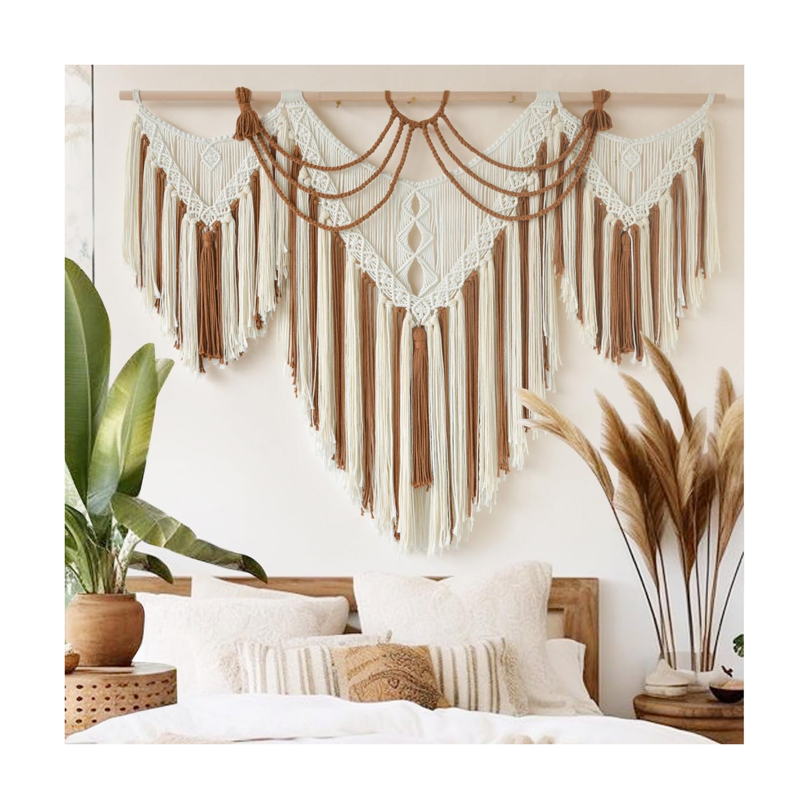 Boho Woven Wall Hanging Handwoven Geometric Tapestry Handmade Macrame Decor / Brown and White