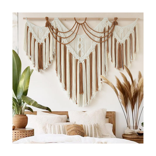 Boho Woven Wall Hanging Handwoven Geometric Tapestry Handmade Macrame Decor / Brown and White