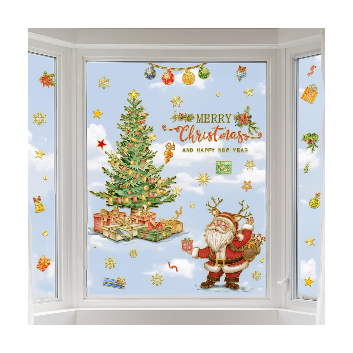 Christmas Tree Window Clings Santa Claus Ball Snowflake Window Stickers for Glass Window Christmas Decoration Reusable Double Sided Glass Decals for Home Xmas Party Supplies (Gold Xmax Tree)