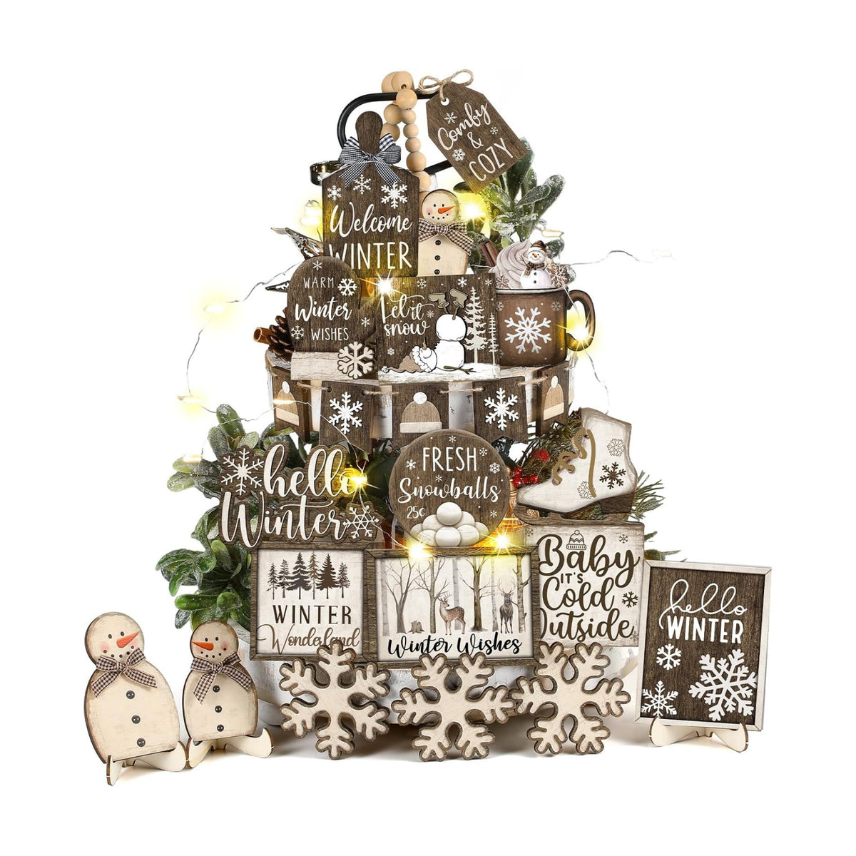 Shellwei 23 Pcs Winter Tiered Tray Decor Set Wood Rustic Hello Winter Snowman Snowflake Decoration Christmas Farmhouse Decor Xmas Signs for Christmas Decorative Trays Table Shelf Home Centerpiece