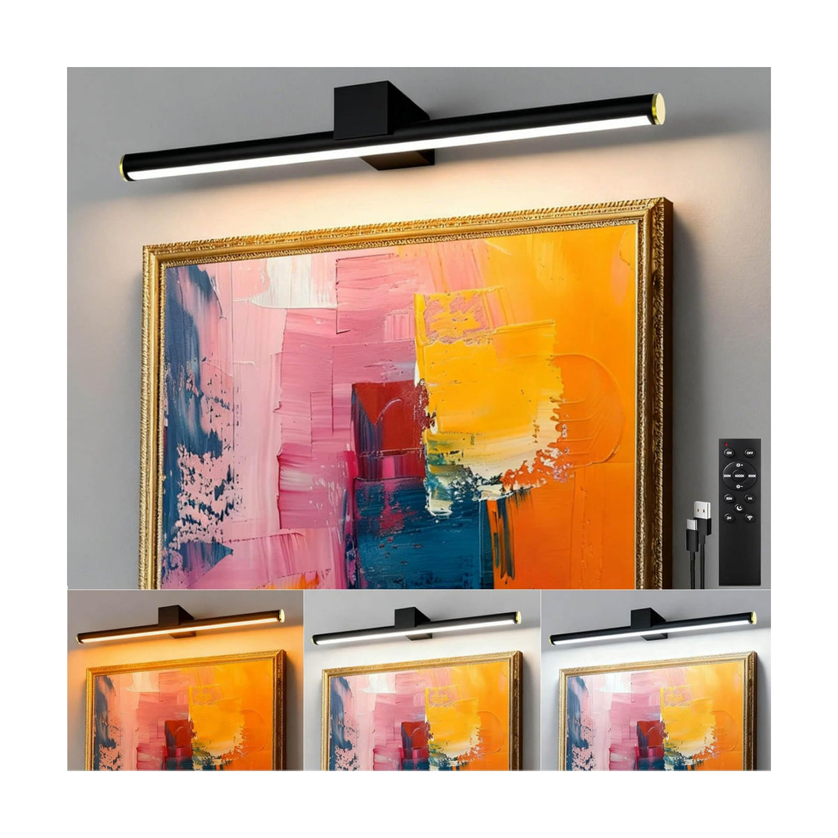 Picture Lights for Wall Battery Operated, Rechargeable Wireless Lights for Pictures on Wall with 3 Color Dimmable