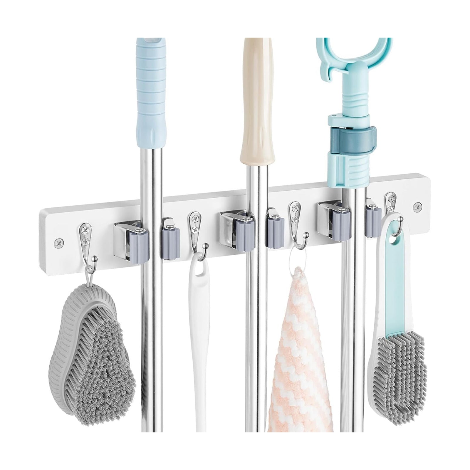 OUTNILI White Mop Broom Holder Wall Mount with 3 Slots & 4 Hooks - Wood Broom Mop Hanger for Pantry Kitchen