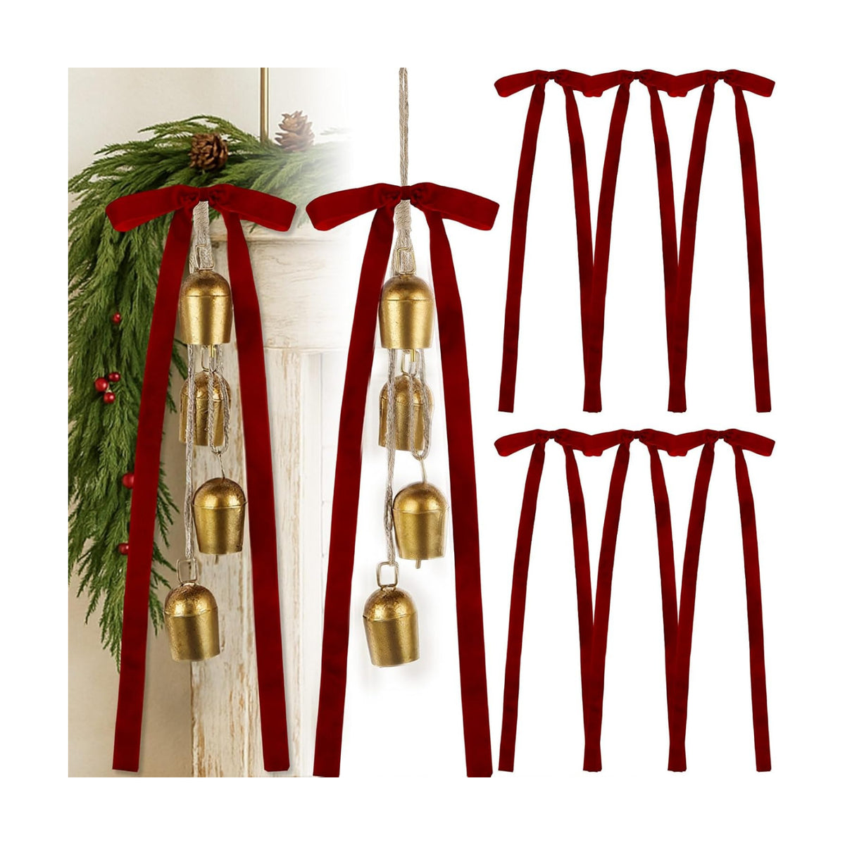 Suncalla 2 Pcs Christmas Cow Bells with 8 Pcs Burgundy Velvet Christmas Bows Vintage Rustic Gold Bell with Velvet
