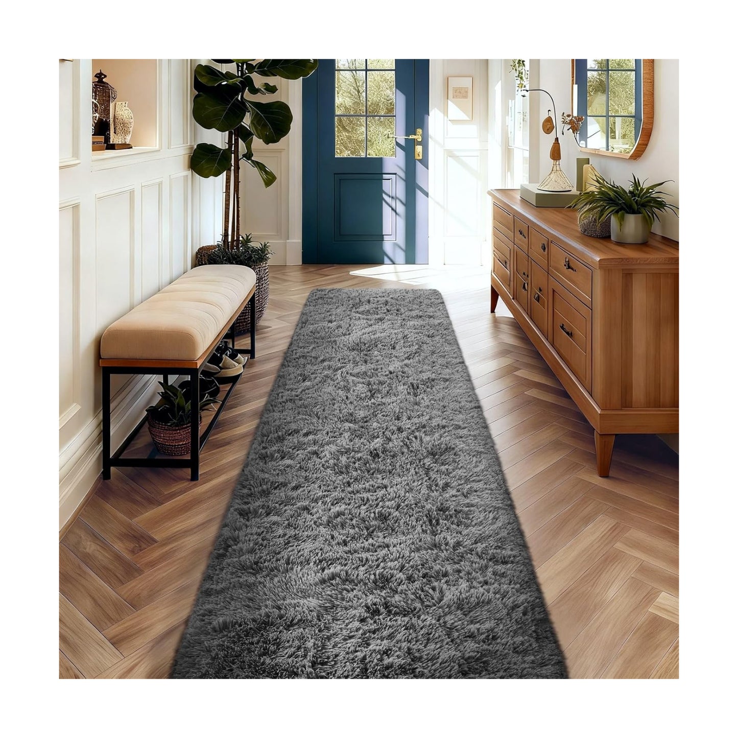 Ophanie 2x10 Runner Rug for Hallway,Upgrade Non-Slip Fluffy Soft Bedside Rugs,Bedroom Living Room Grey Shaggy Gray