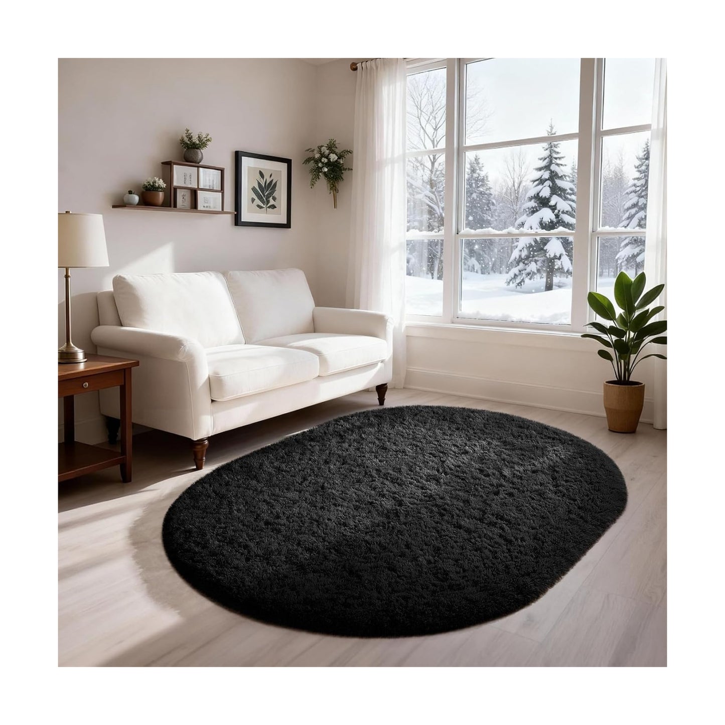 Ophanie 3x5 Oval Black Rugs for College Dorm, Bedroom Small Area Rug, Non-Slip Fluffy Shaggy Bedside Soft Shag Fuzzy