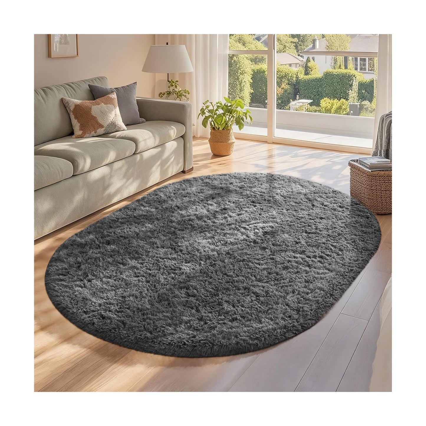 Ophanie 4x6 Oval Grey Rugs for Bedroom Living Room, Fluffy Fuzzy Furry Carpet, Plush Soft Shaggy Bedside Indoor Floor