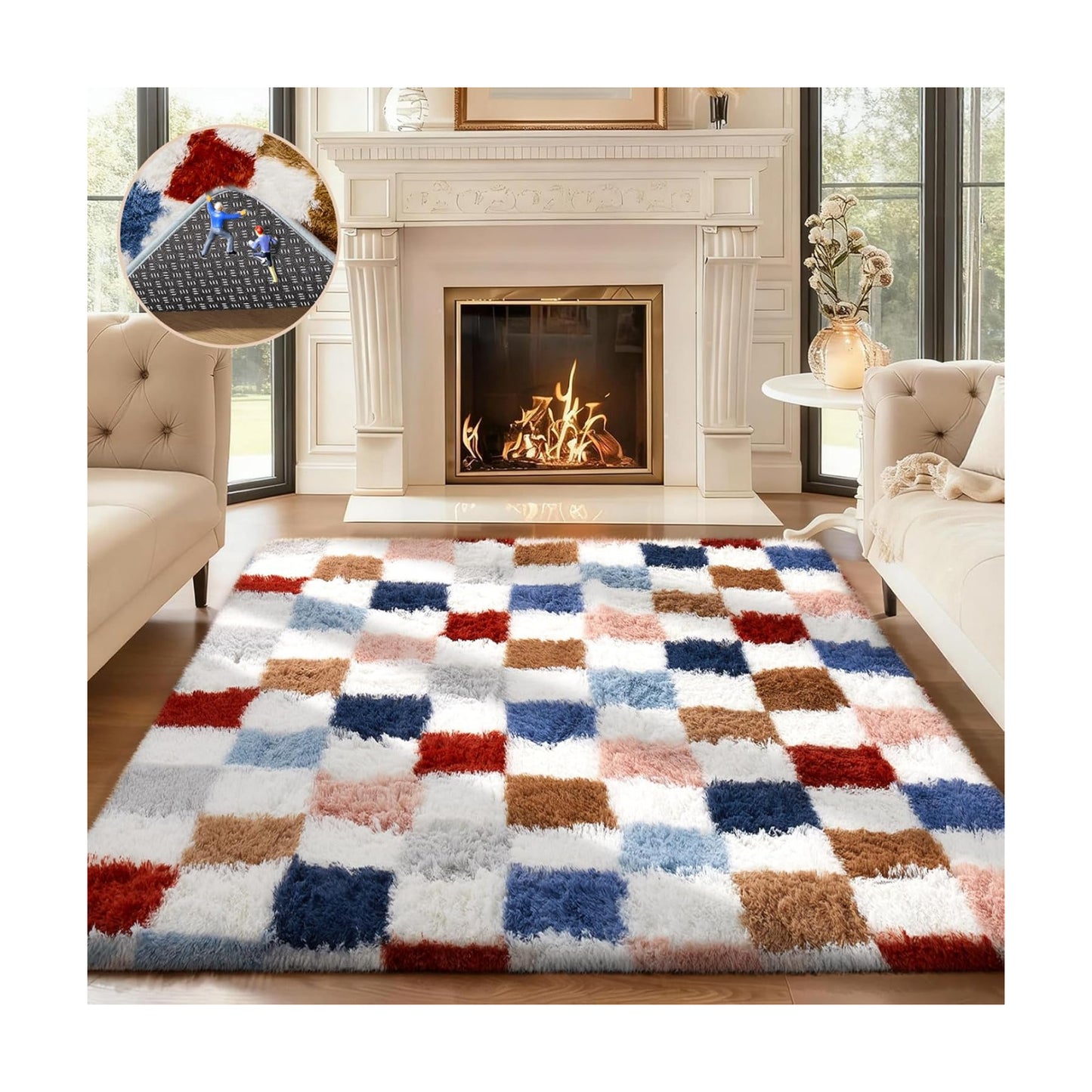 Ophanie Checkered Rainbow Rug for Living Room Bedroom,Colorful Fluffy Soft Cute Fuzzy Area Rugs,Shag Plush Shaggy