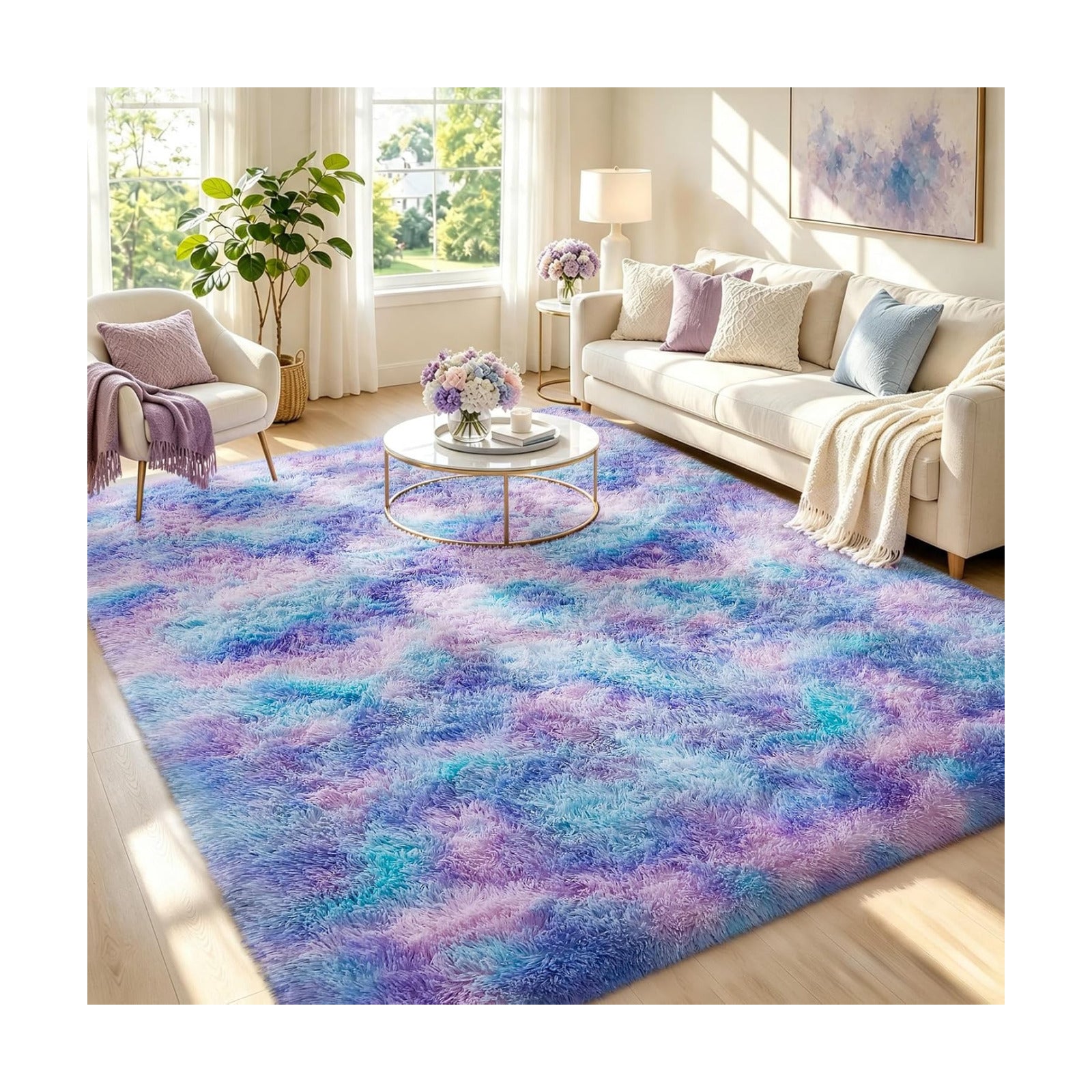 Ophanie Rainbow Purple Mermaid Rugs for Living Room 6x9,Kids Fluffy Shag Fuzzy Plush Soft Carpets,Floor Shaggy Area