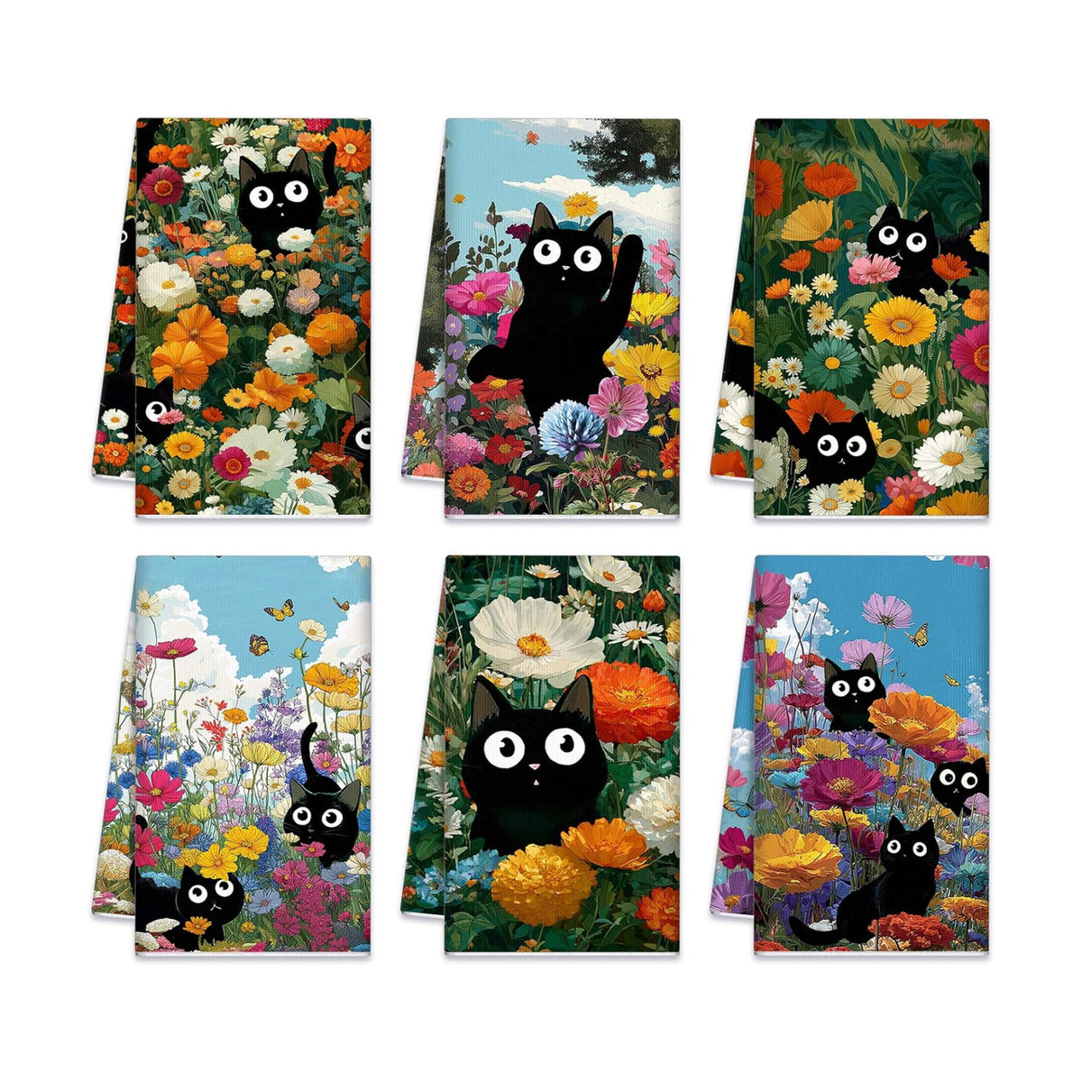 Redbaker 6 Pcs Black Cat Kitchen Towels Retro Wildflower Floral Dishcloth
