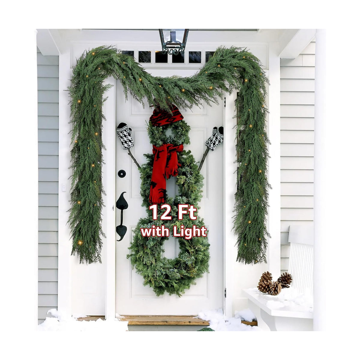Christmas Cedar Garland Realistic with Lights - Cypress Decorations 12ft for Mantle Lighted Faux Pine Garlands for Xmas