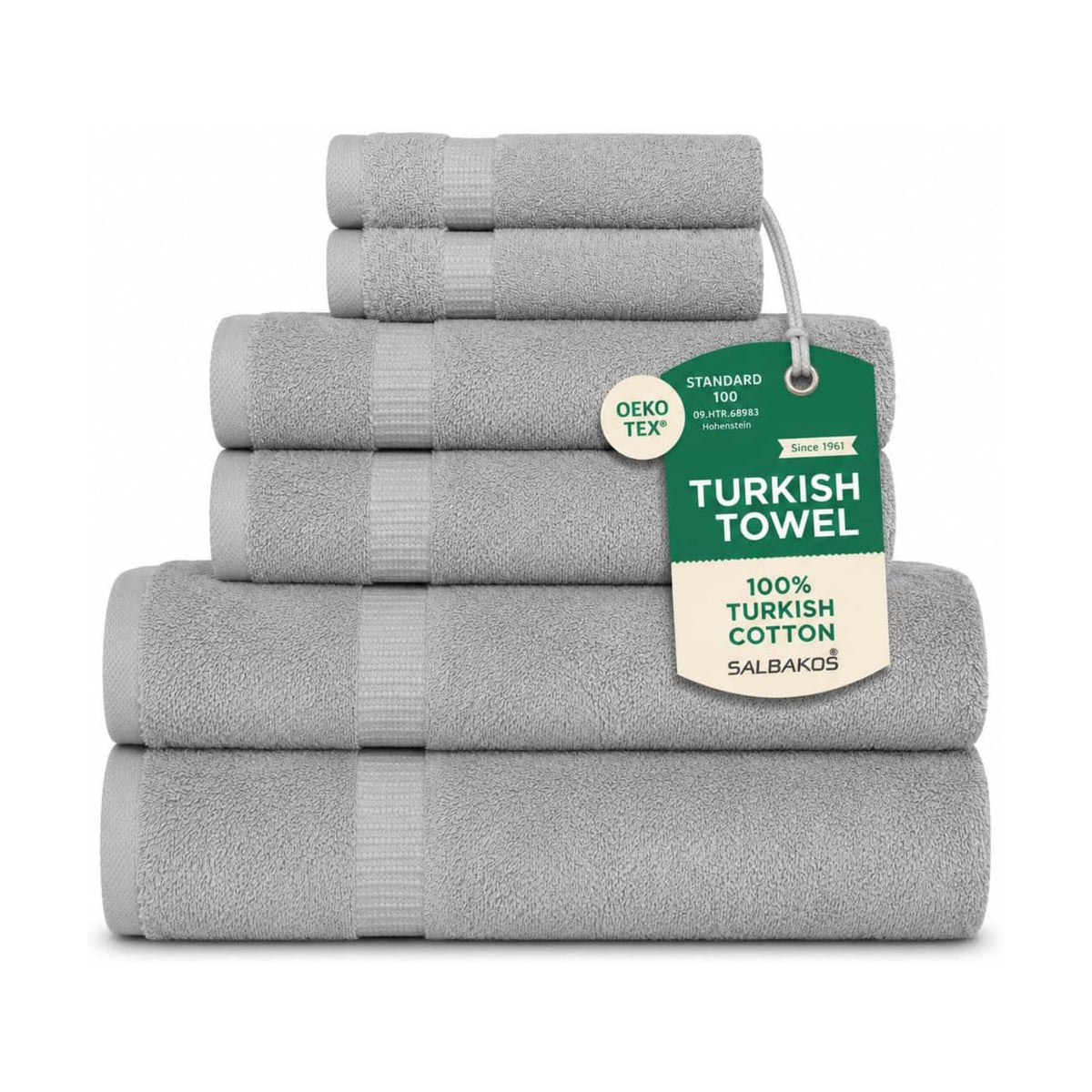 SALBAKOS 100% Turkish Cotton Bathroom Towel Set of 6-Piece, Silver | 630 Gsm Thick Super Soft Highly Absorbent 2 Bath +