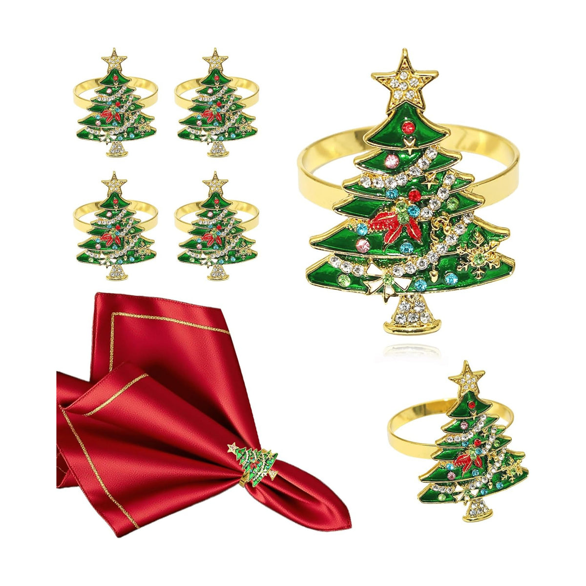Christmas Tree Napkin Rings Set of 6 for New Year Dinner Decor